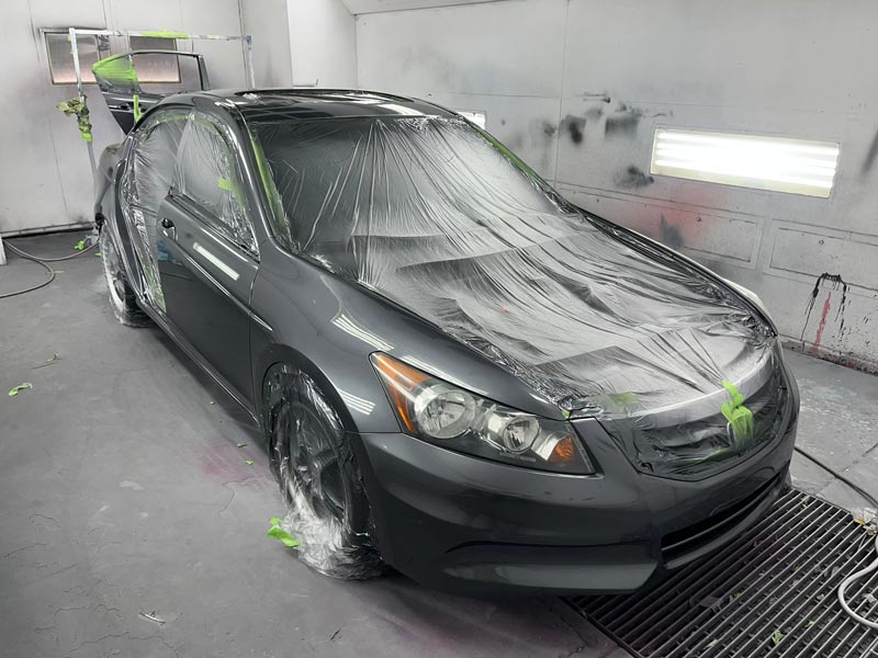 Honda Accord gray paint preparation in spray booth